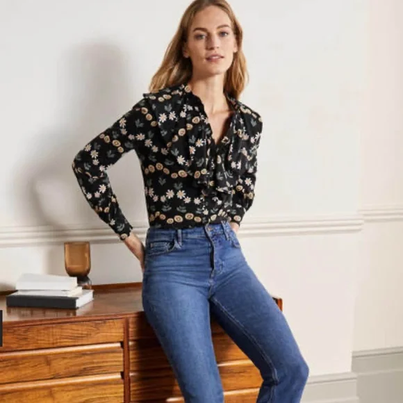 BODEN, Ruffle Front Jersey Shirt Black, US 10 R UK 14 floral new with tags - Picture 3 of 14